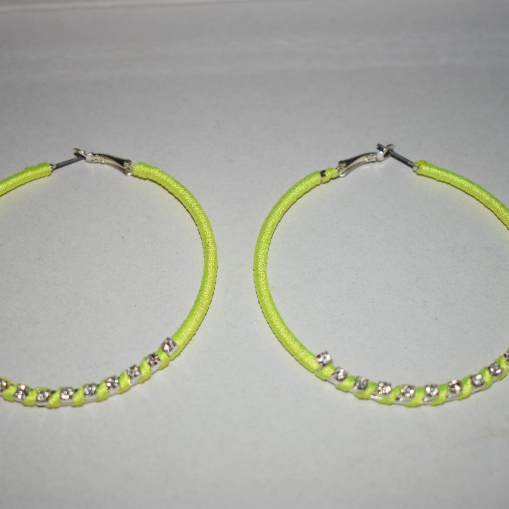 Neon thread-wrapped hoop earrings w/ rhinestones